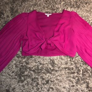 Hot Pink Balloon Sleeve Tie Front Blouse